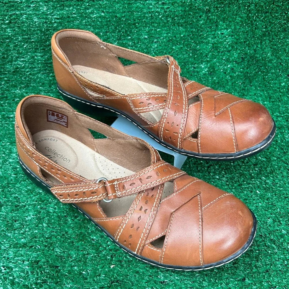 Clarks Collection Leather Mary Jane Shoes Tan Caged Perforated 8M 260656523080